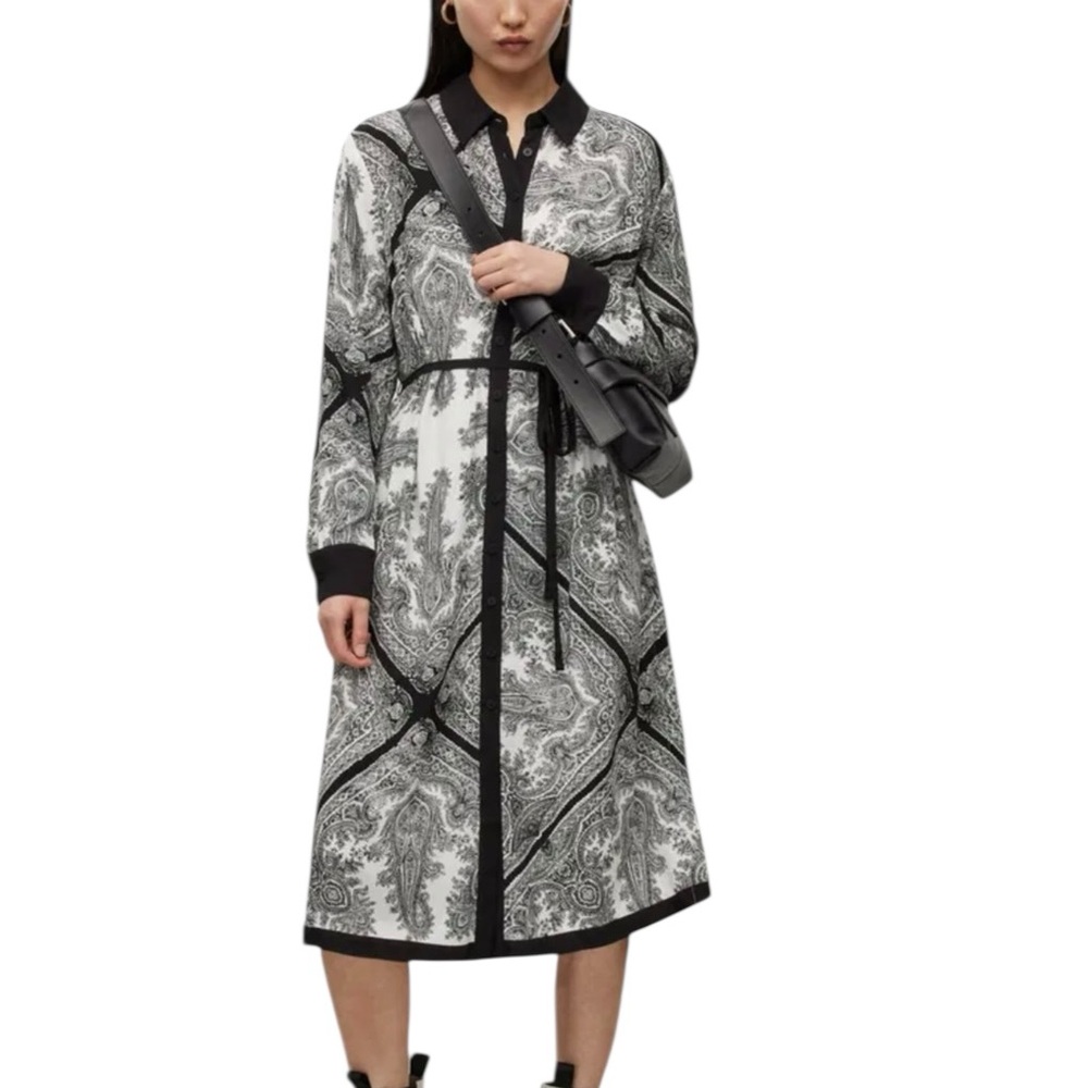 AllSaints Black and White Paisley Midi Shirt Dress - Picture 2 of 14